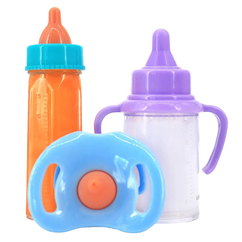 Large Baby Doll Feeding Set – Milk & Juice Bottles with Pacifier (2PCS)