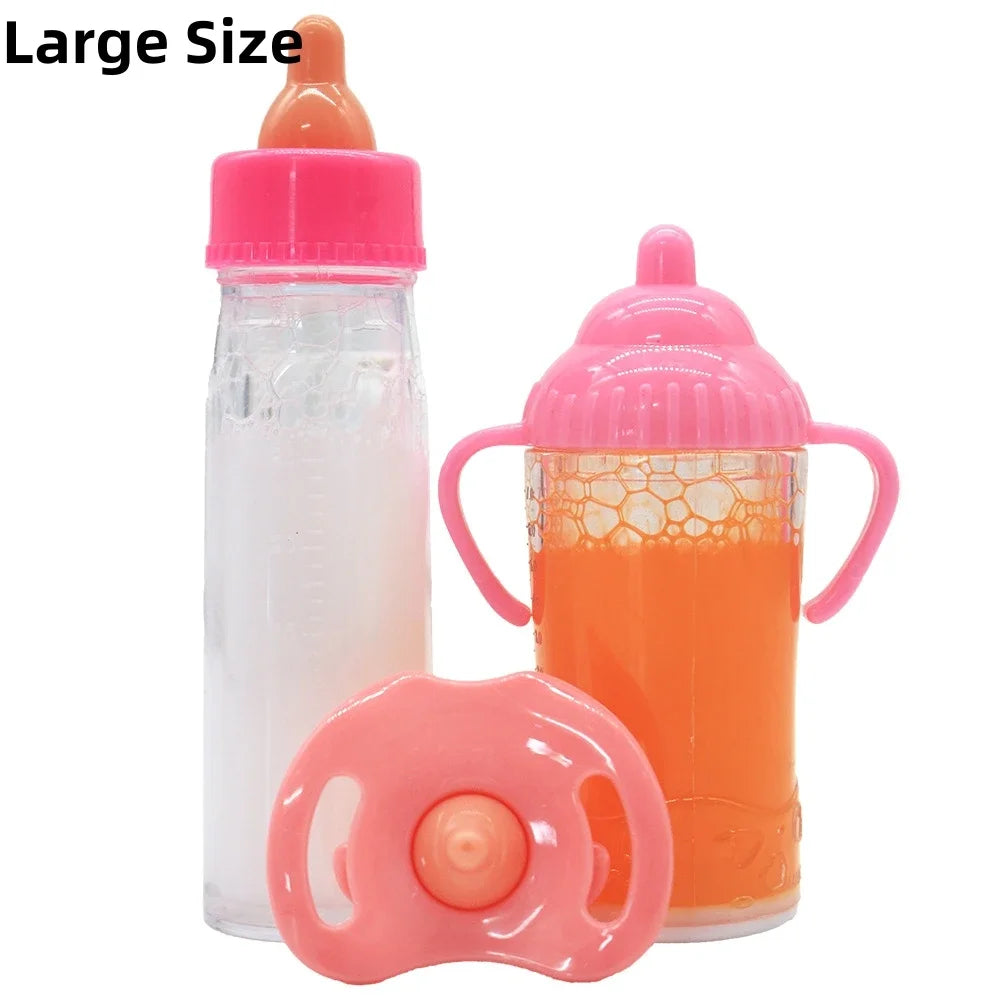 Large Baby Doll Feeding Set – Milk & Juice Bottles with Pacifier (2PCS)